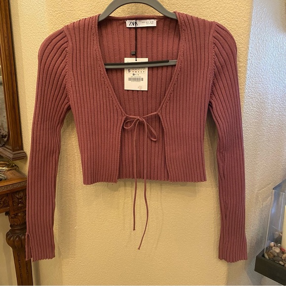 Zara Sweaters - NWT~ZARA Ribbed Knit Cropped Cardigan Tie Front in Dusty Rose Size Small